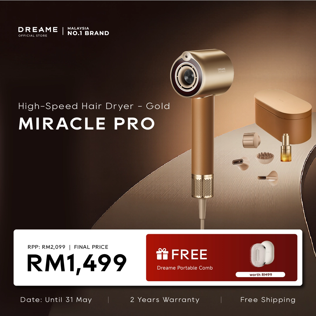 Gold high-speed hair dryer with concentrator nozzle and round rear air intake