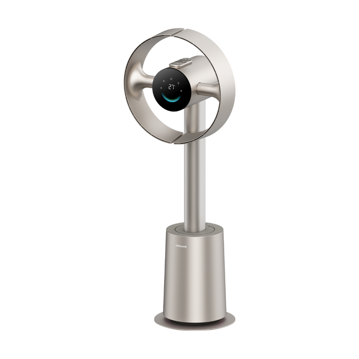 Stainless steel standing fan with digital display on a white background