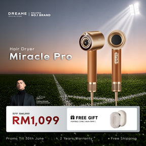 Gold hair dryer with cylindrical nozzle and concentrator attachment.