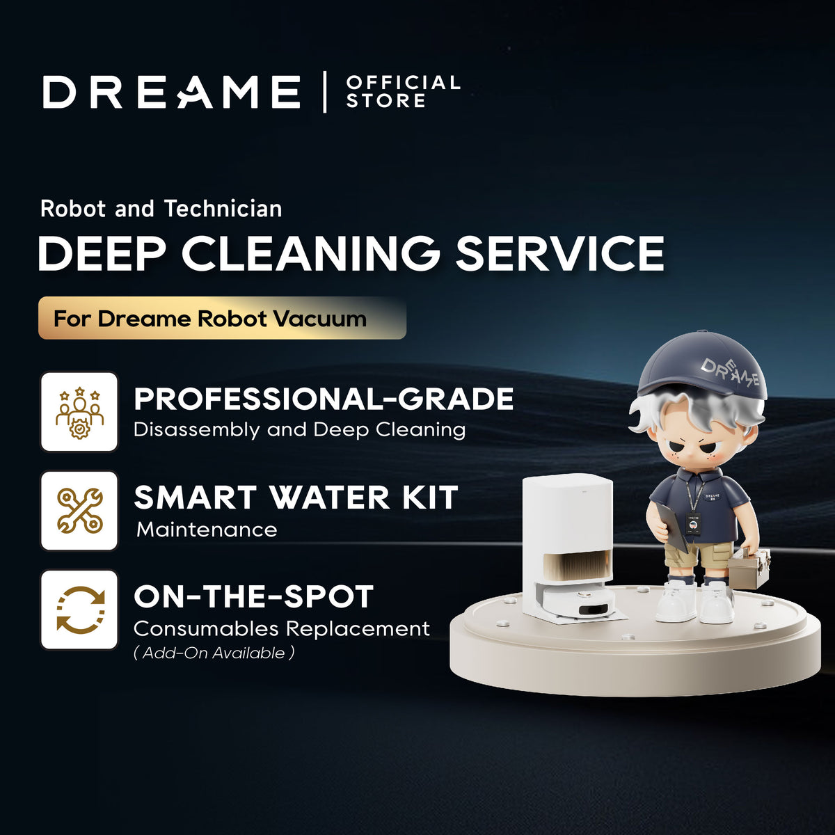 Robot vacuum deep cleaning service banner featuring technician beside base station