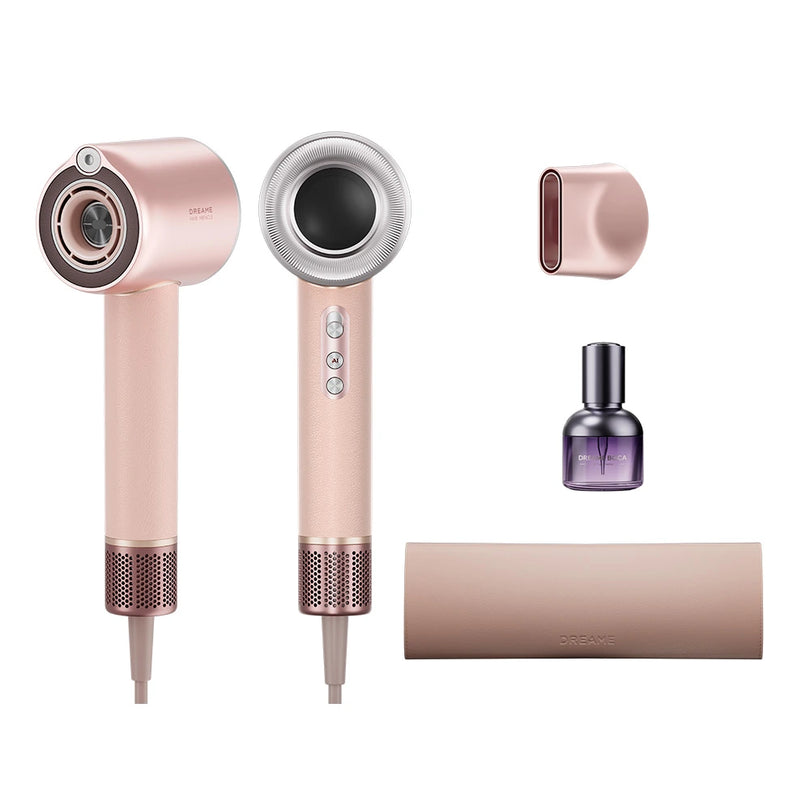 Silk hair dryer in pink with nozzle and control buttons
