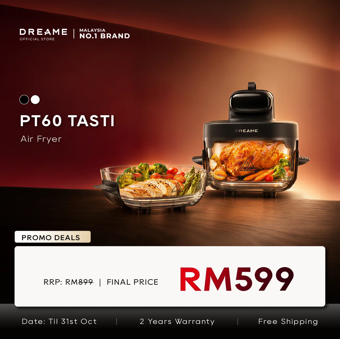 Dreame Tasti air fryer with clear cooking basket, countertop design, black finish
