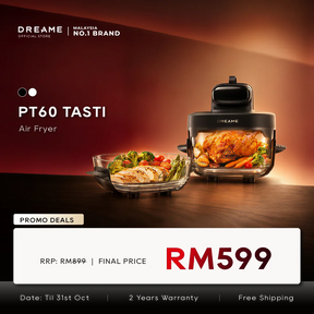 Dreame Tasti air fryer with clear cooking basket, countertop design, black finish