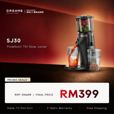 FlowNutri tilt slow juicer with black base, clear pulp cup and two cups