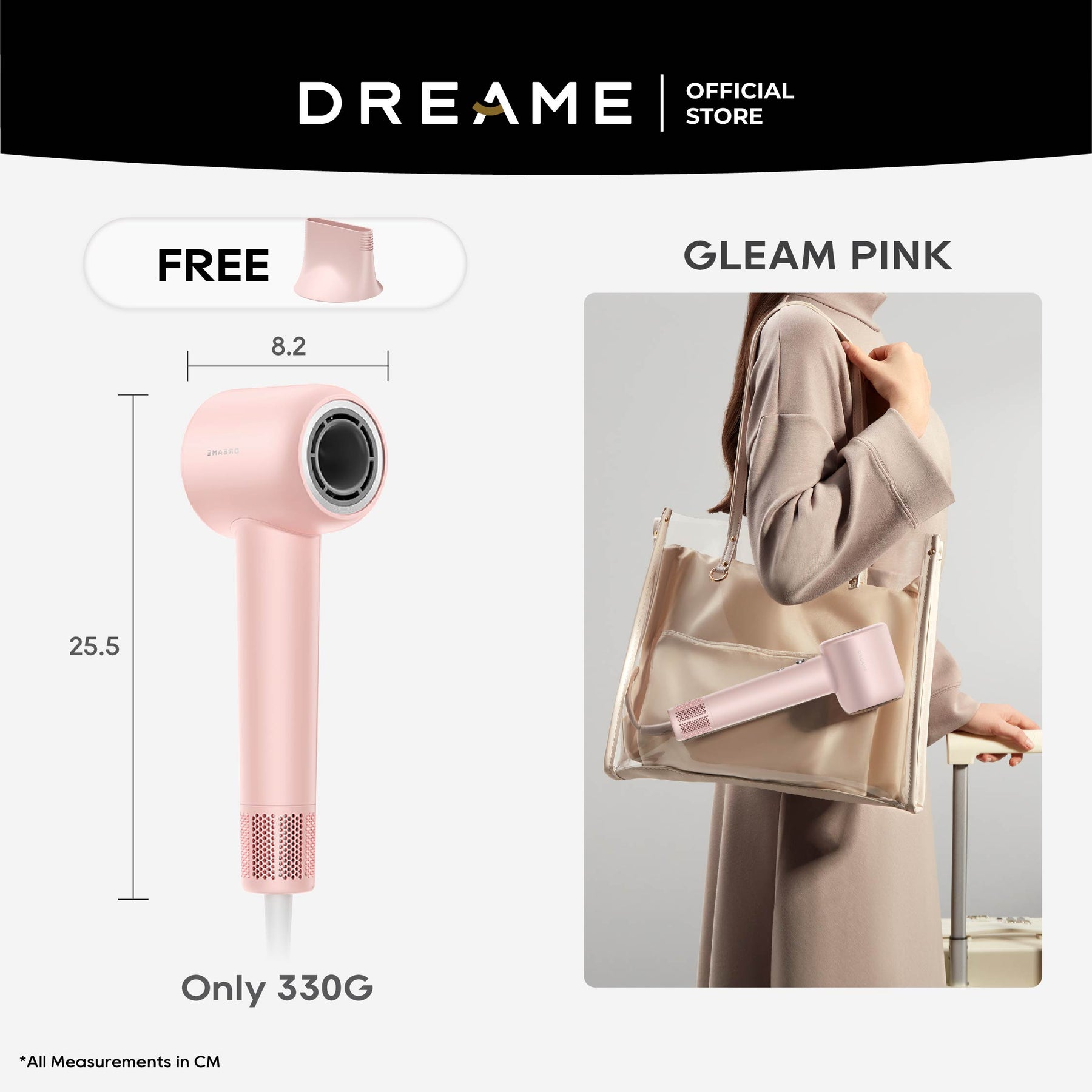 Dreame Gleam high-speed hair dryer in pink with smoothing nozzle
