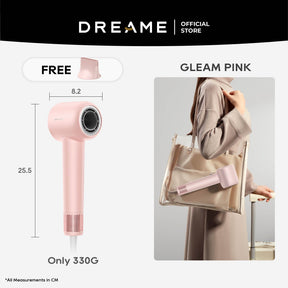 Dreame Gleam high-speed hair dryer in pink with smoothing nozzle