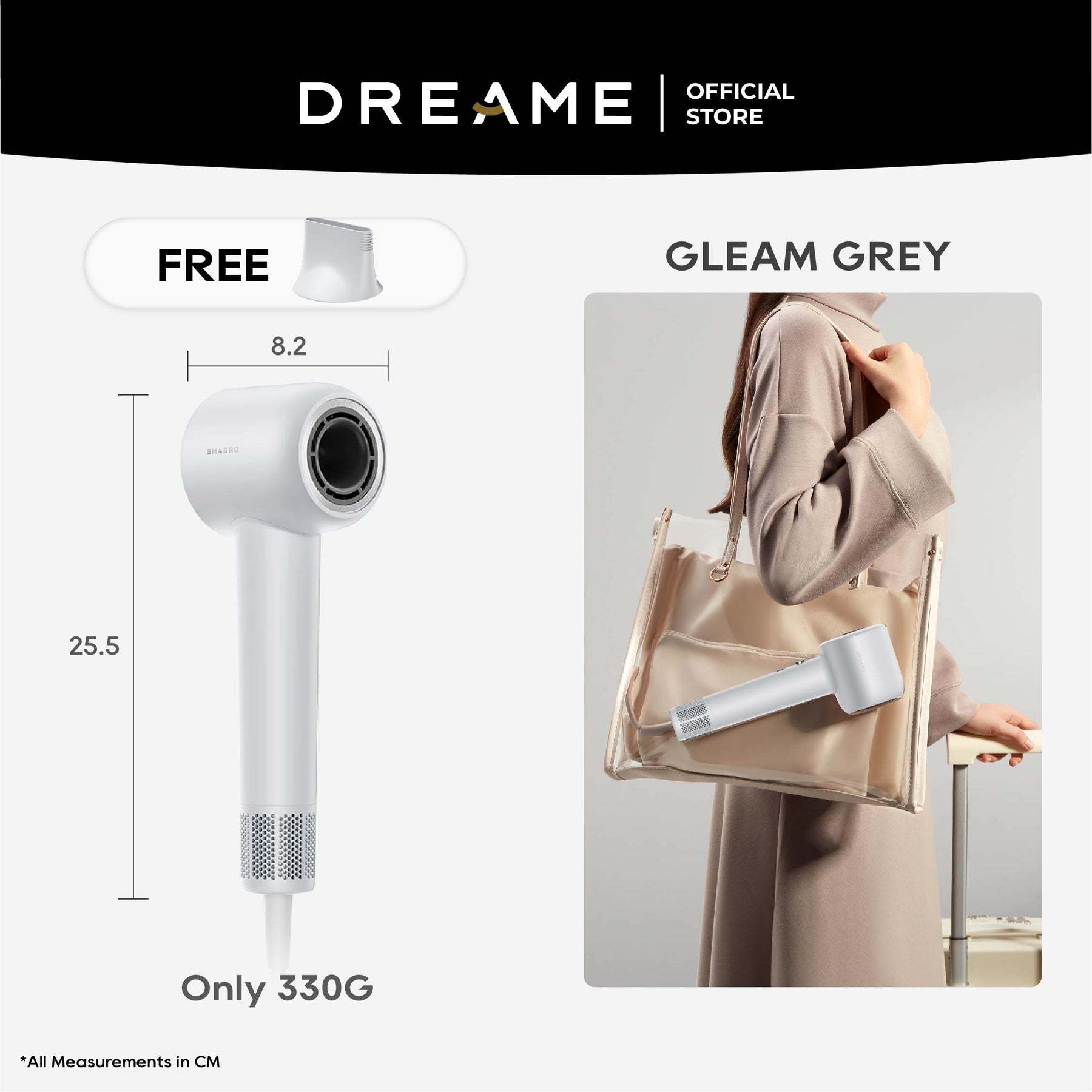 Dreame Gleam high-speed hair dryer in grey with smoothing nozzle