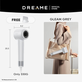 Dreame Gleam high-speed hair dryer in grey with smoothing nozzle