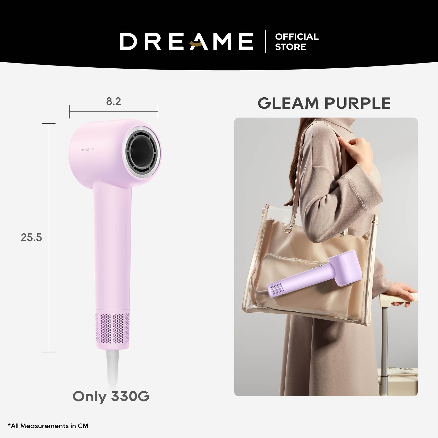 Dreame Gleam high-speed hair dryer in purple angled front view