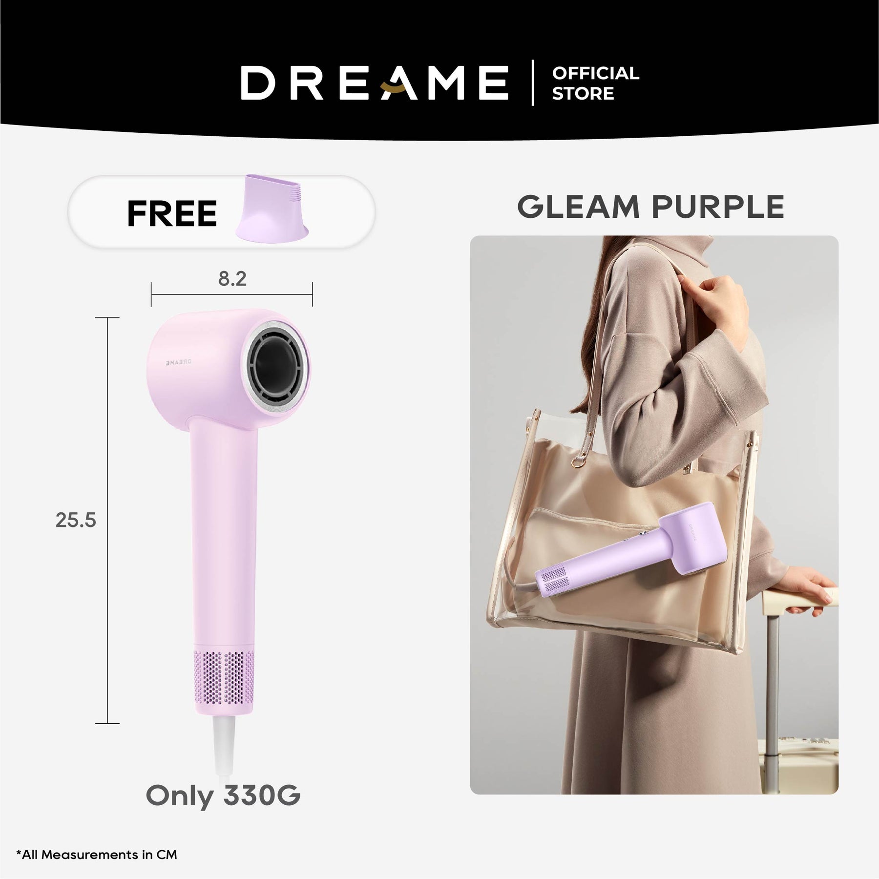Dreame Gleam high-speed hair dryer in purple with smoothing nozzle