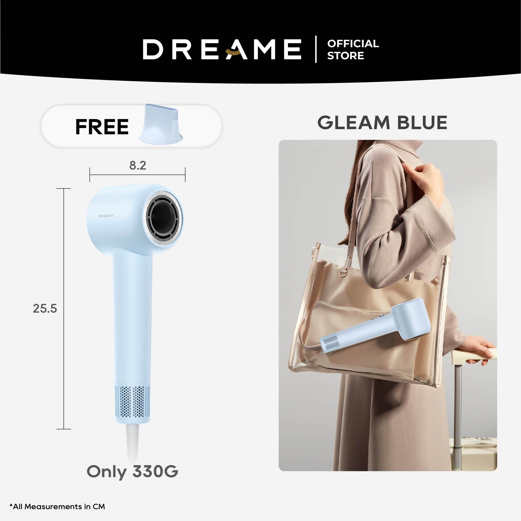 Dreame Gleam high-speed hair dryer in blue with smoothing nozzle