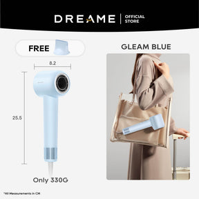 Dreame Gleam high-speed hair dryer in blue with smoothing nozzle