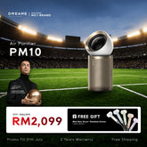 Dreame AirPursue HEPA air purifier, silver cylindrical tower with top circular fan