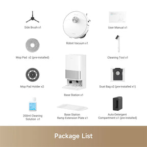 Robotic vacuum package contents shown: side brush, mop pads, base station, tools.