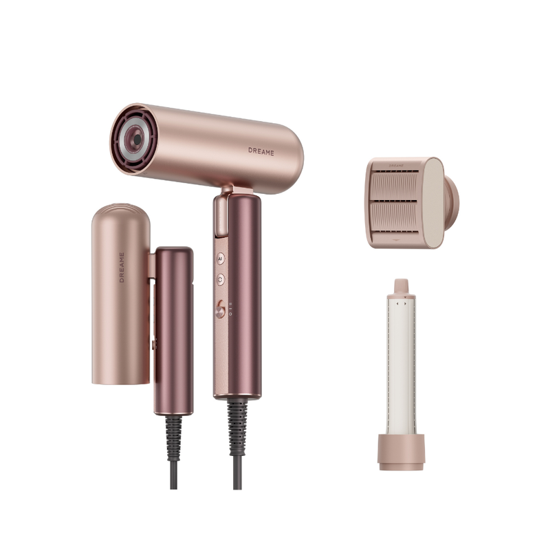 Rose gold pocket hair dryer with concentrator nozzle and foldable handle