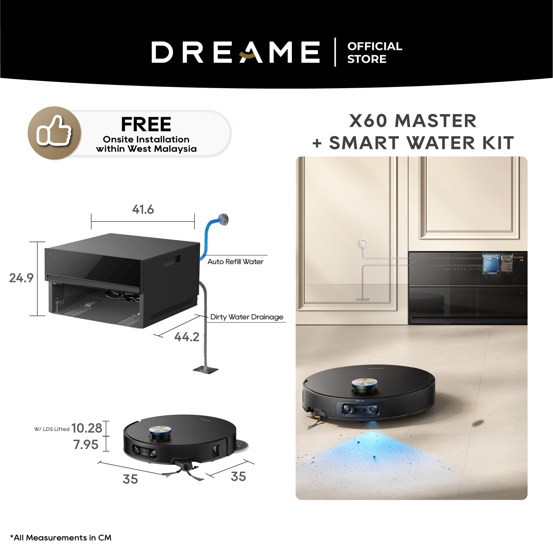Dreame X60 Master + onsite installation dock and robot vacuum size diagram
