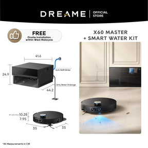 Dreame X60 Master + onsite installation dock and robot vacuum size diagram
