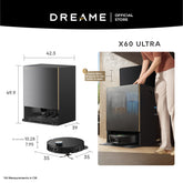 Dreame X60 Ultra base station with size diagram and robot vacuum