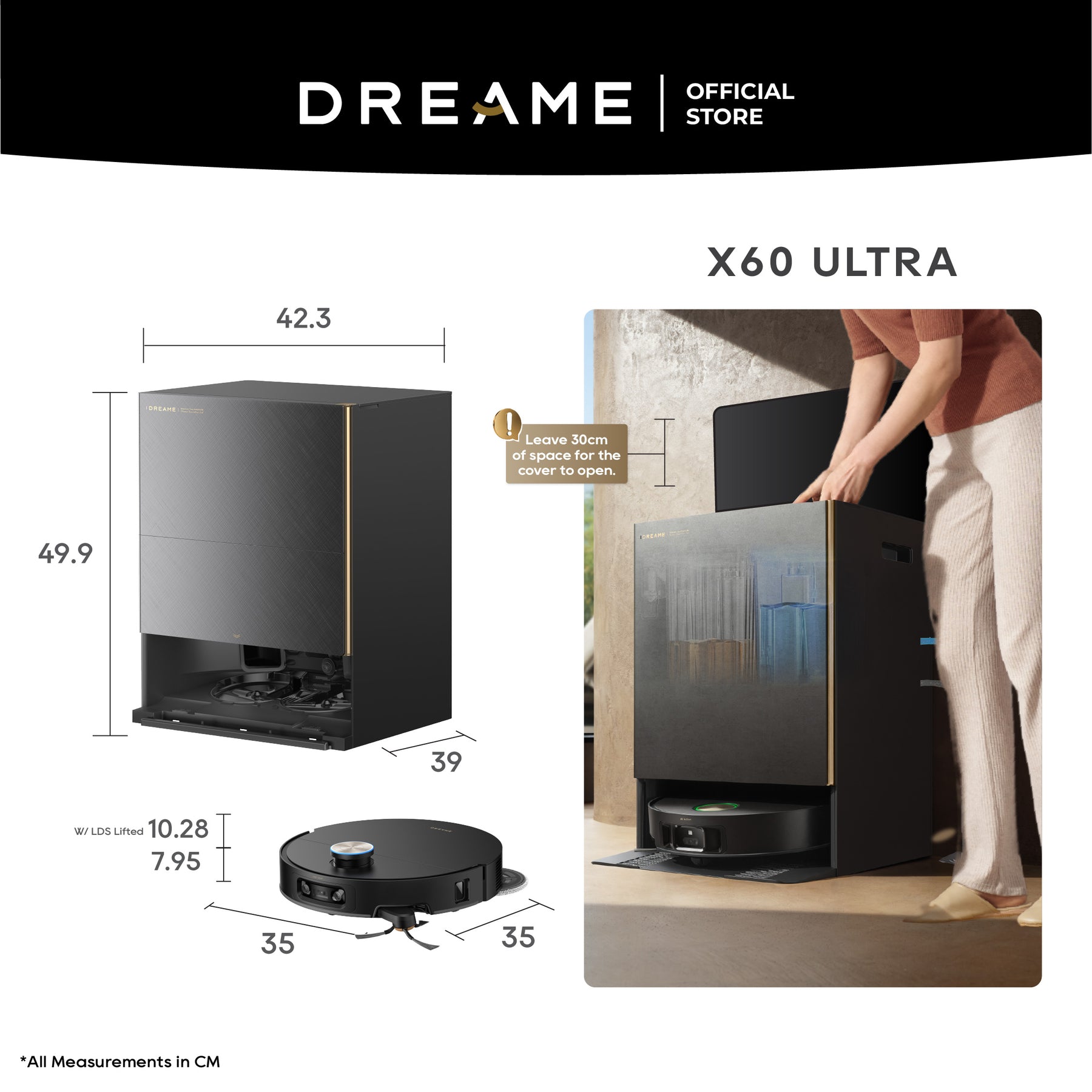 Dreame X60 Ultra base station with size diagram and robot vacuum