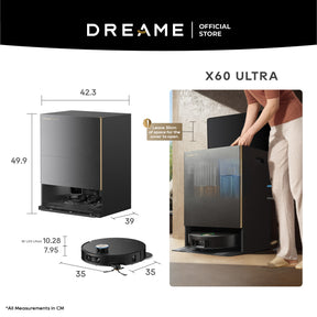 Dreame X60 Ultra base station with size diagram and robot vacuum