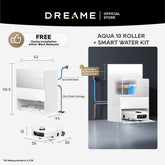 White robot vacuum with open dock and water kit modules with blue hoses