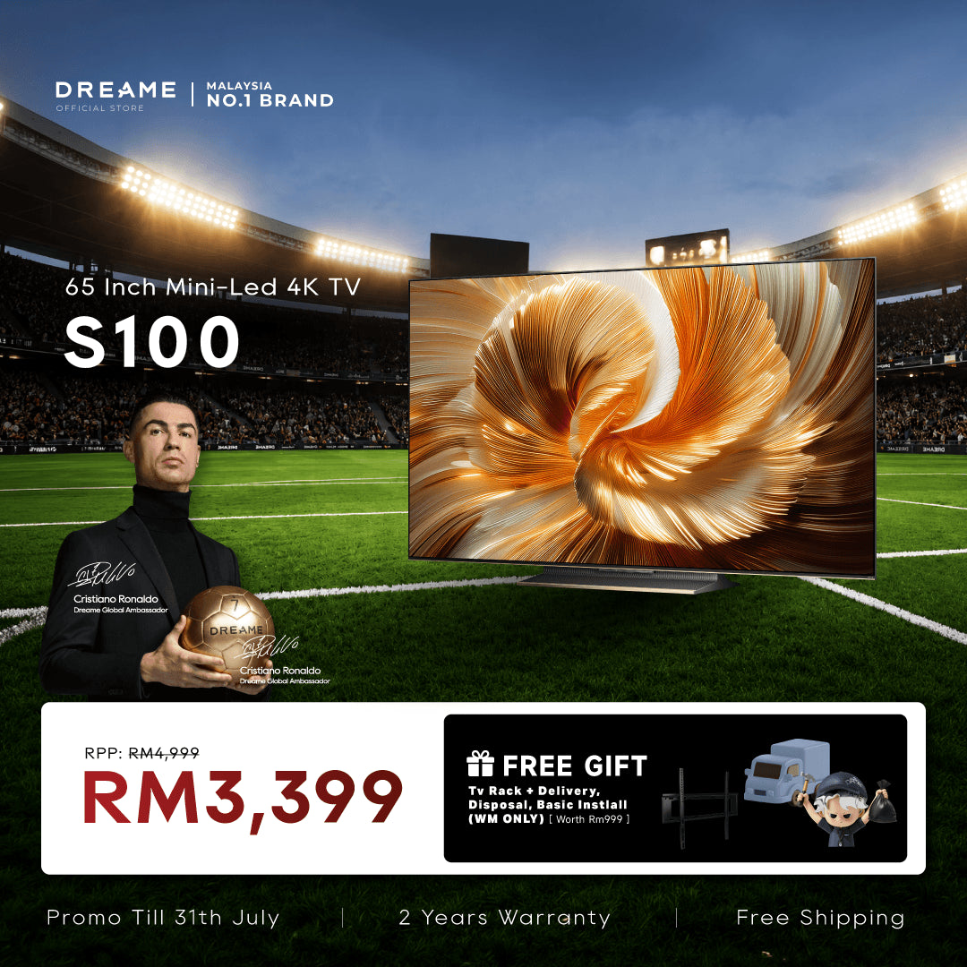 65-inch mini-LED 4K TV with gold abstract image on screen