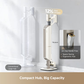 Compact auto-empty hub stand with cordless vacuum and dust collection base