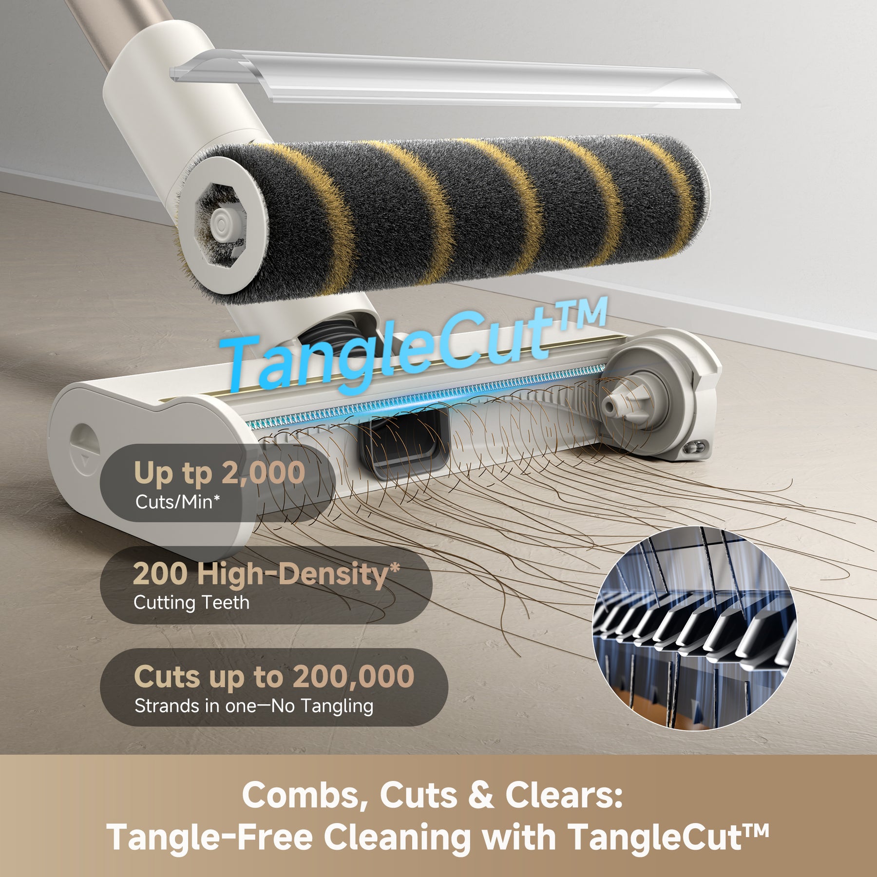 Cordless vacuum motorized mini roller brush with TangleCut cleaning head