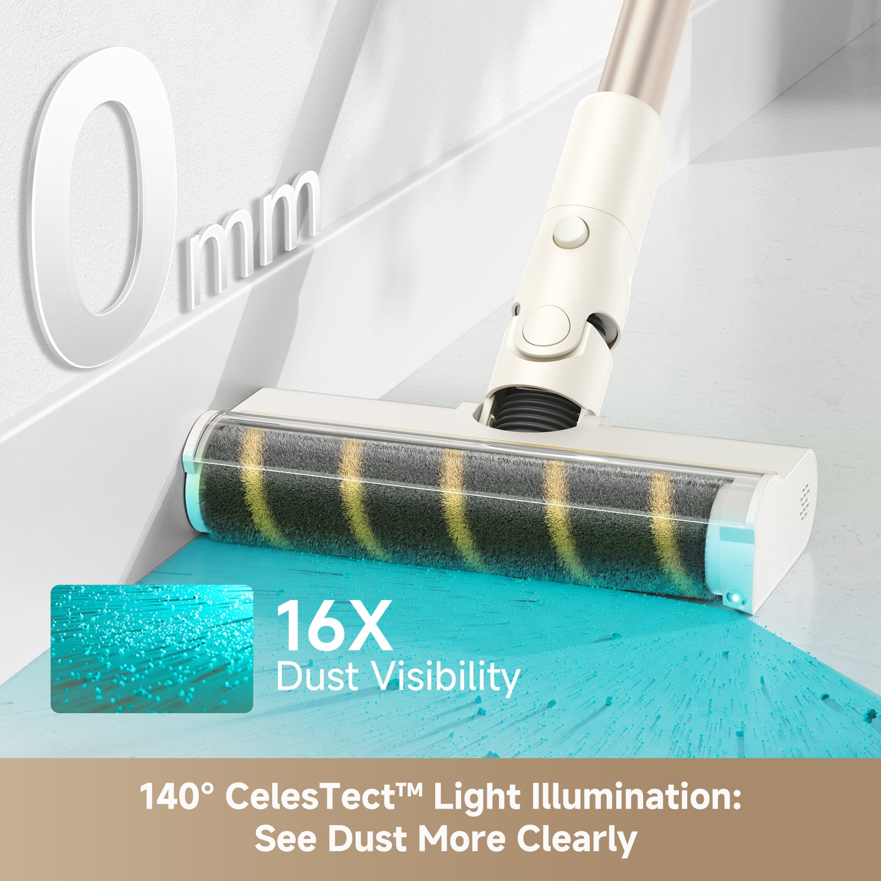 Cordless vacuum floor nozzle with illuminated brush bar and visible dirt pickup