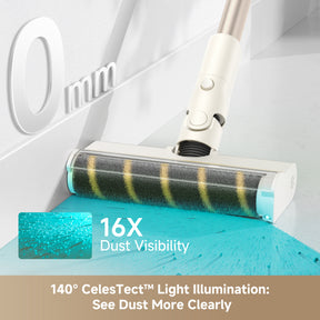 Cordless vacuum floor nozzle with illuminated brush bar and visible dirt pickup