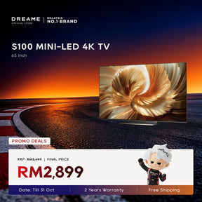 Dreame 65-inch mini-LED 4K TV with glowing flower display on screen