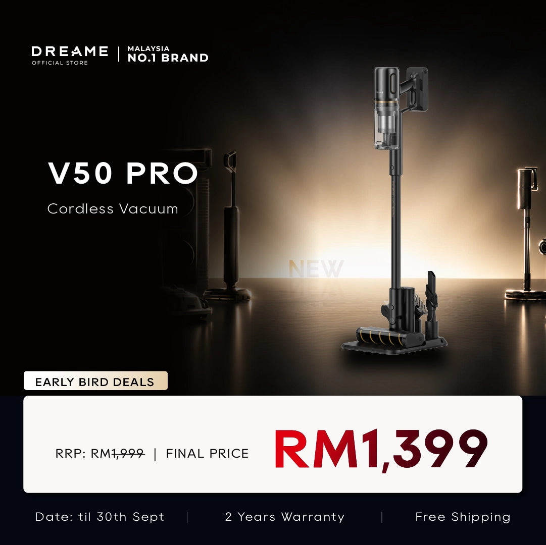 Dreame V50 Pro cordless stick vacuum with base and floor brush attachment