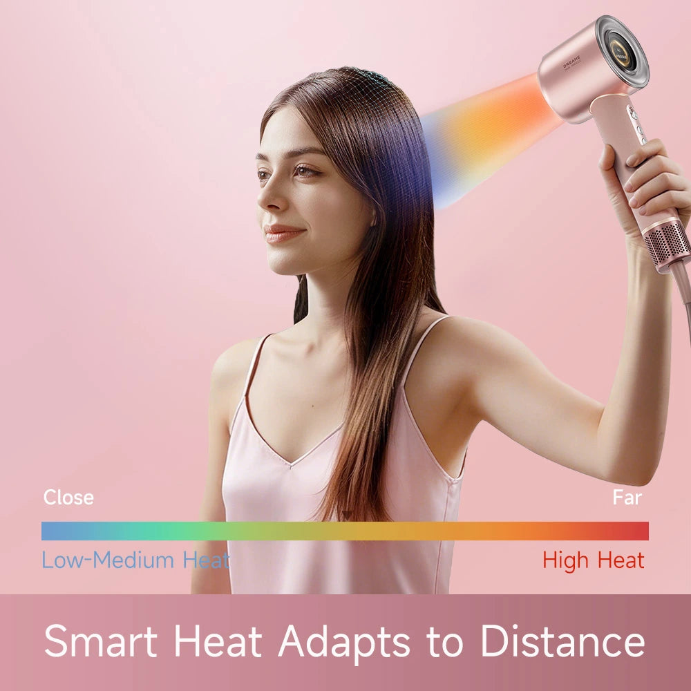 Rose-gold hair dryer held near dark hair, nozzle aimed for styling