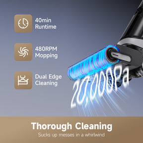 Vacuum base with heated hot-water brush wash and quiet drying airflow