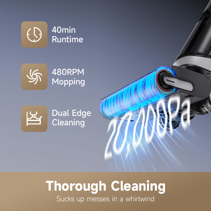 Vacuum base with heated hot-water brush wash and quiet drying airflow