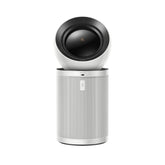 White air purifier cylinder with black top and circular vent opening