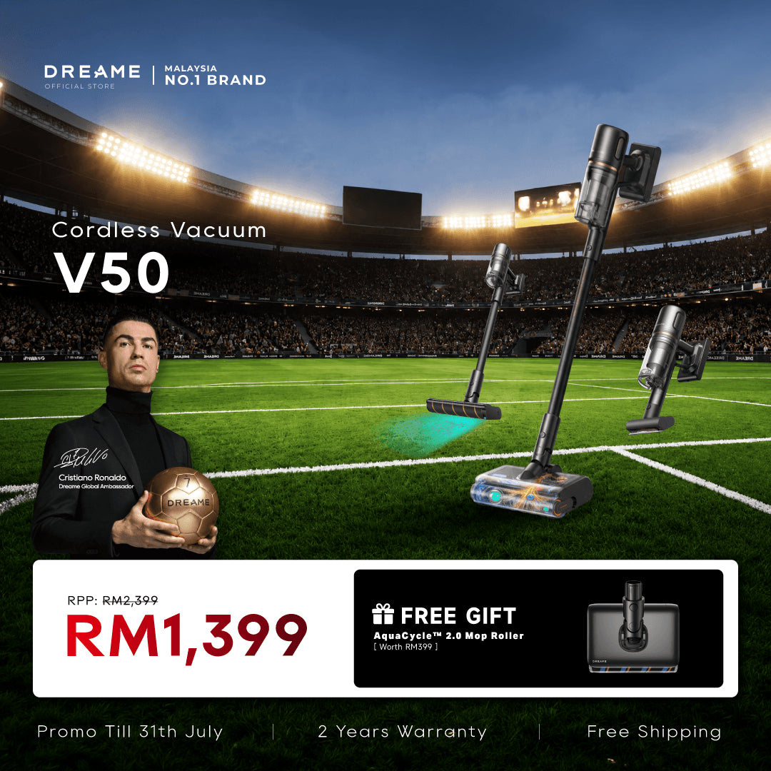 Dreame cordless vacuum cleaner with floor head and handheld attachment, standing upright