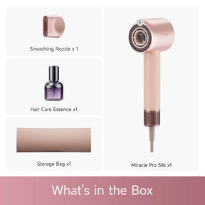 What's in the box: Miracle Pro Silk hair dryer, smoothing nozzle, essence, storage bag