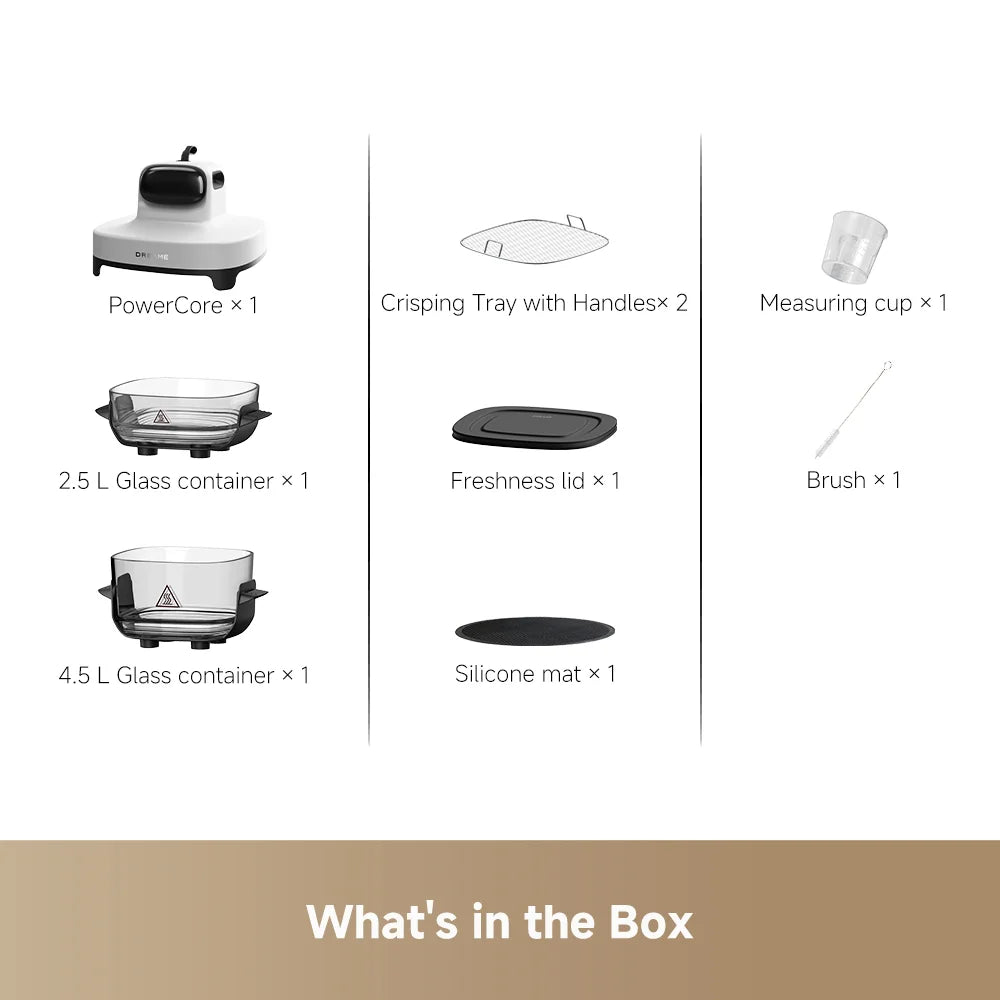 Air fryer accessory set includes power core, measuring cup, glass containers, silicone mat, brush