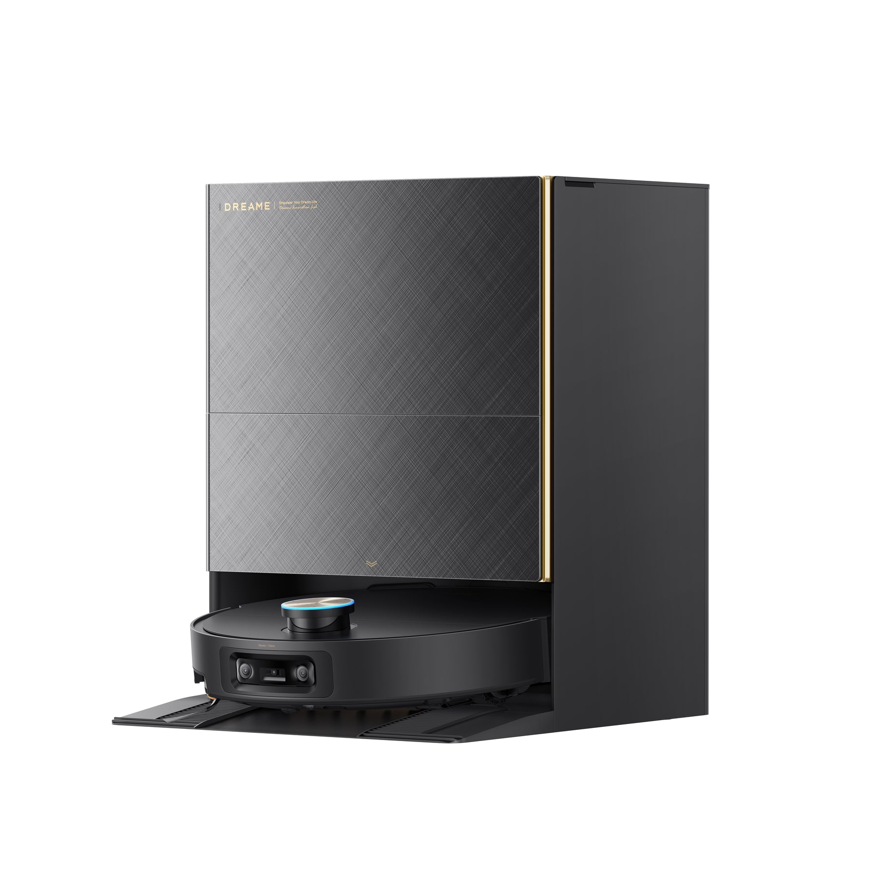 Dreame X60 Ultra docking base with upright screen panel and circular robot vacuum