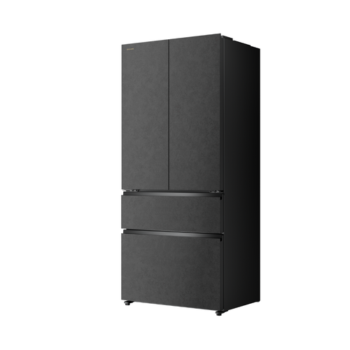 Dark gray multi-door refrigerator with two top doors and bottom freezer section