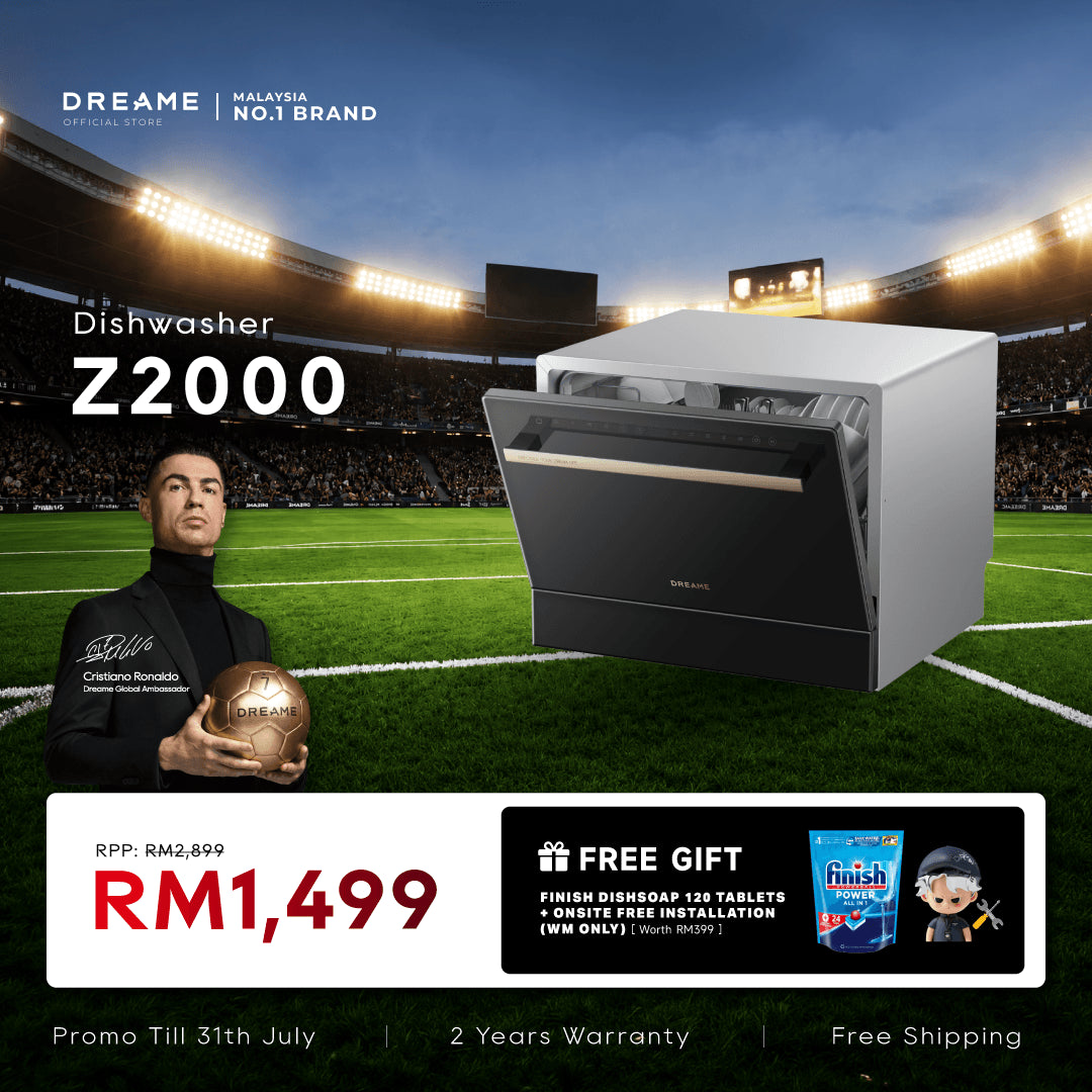 Dreame Z2000 tabletop smart dishwasher with front control panel and open door