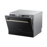 Tabletop smart dishwasher with black front and silver top, door open