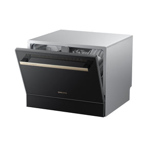 Dreame Z2000 tabletop smart dishwasher, front view with open door and racks
