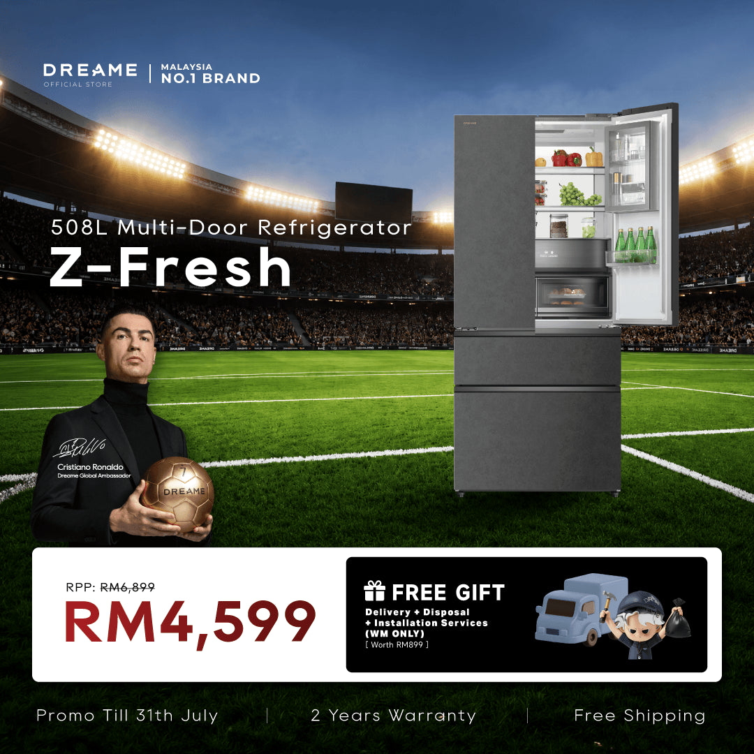 Gray multi-door refrigerator with open freezer and fridge doors