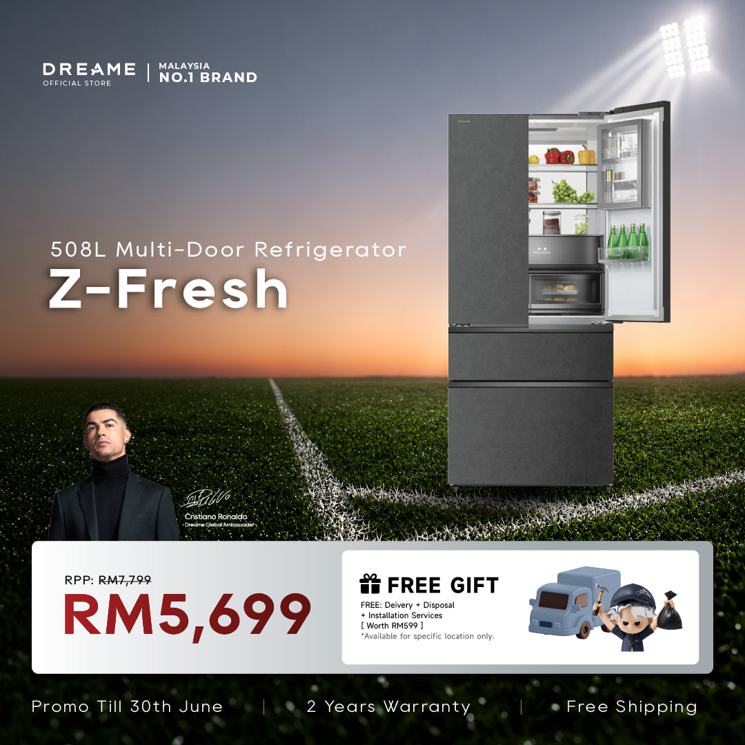 Dreame Z Fresh multi-door refrigerator, dark gray with open door and interior shelves