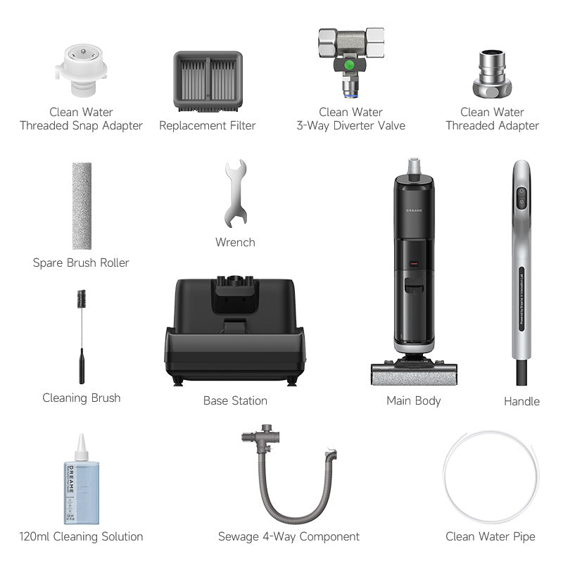 Dreame H14 vacuum parts set: base station, main body, handle, rollers, filters, hoses