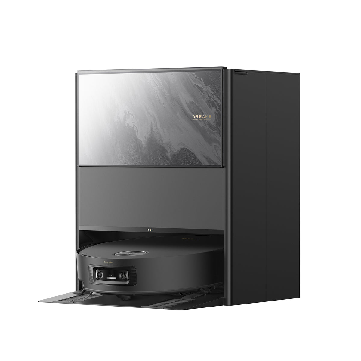 Black robot vacuum dock with open charging bay and display window