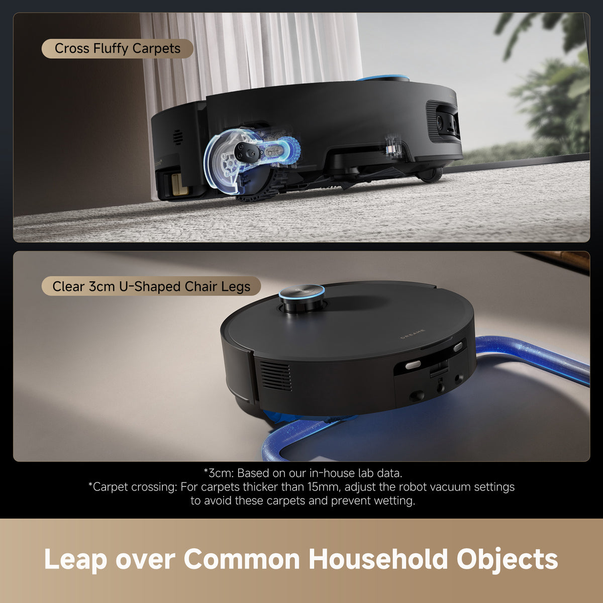 Black robot vacuum crossing a carpet edge with blue cleaning light