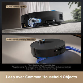 Black robot vacuum crossing a carpet edge with blue cleaning light